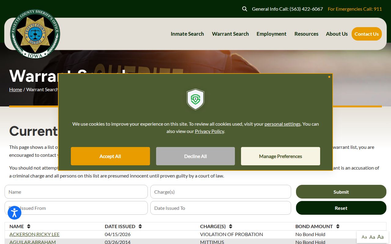 Fayette County arrest lookup and possible active warrant search