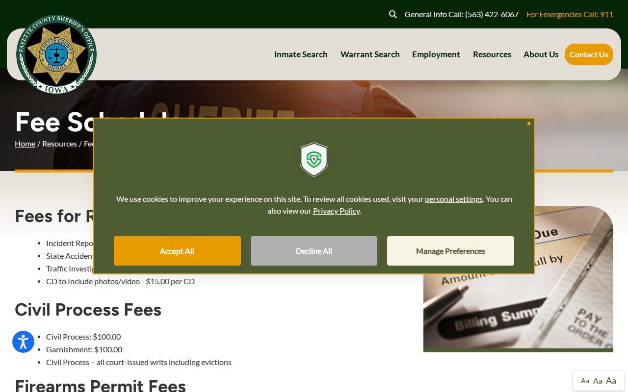 Fayette County arrest records fee schedule from the sheriff